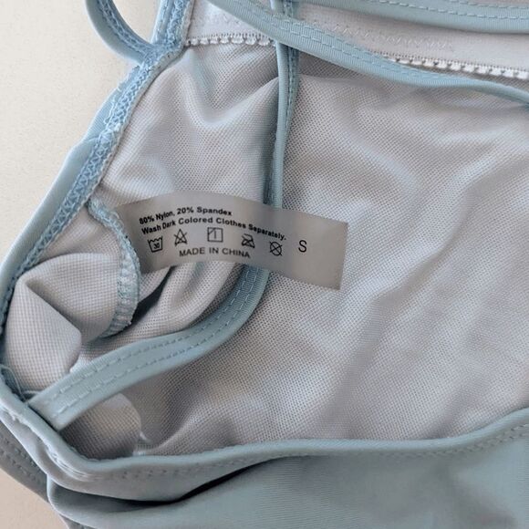 Womens SheIn One Piece Bathing Suit Monokini Ruffle Deep Plunge Small Light Blue - Picture 9 of 9